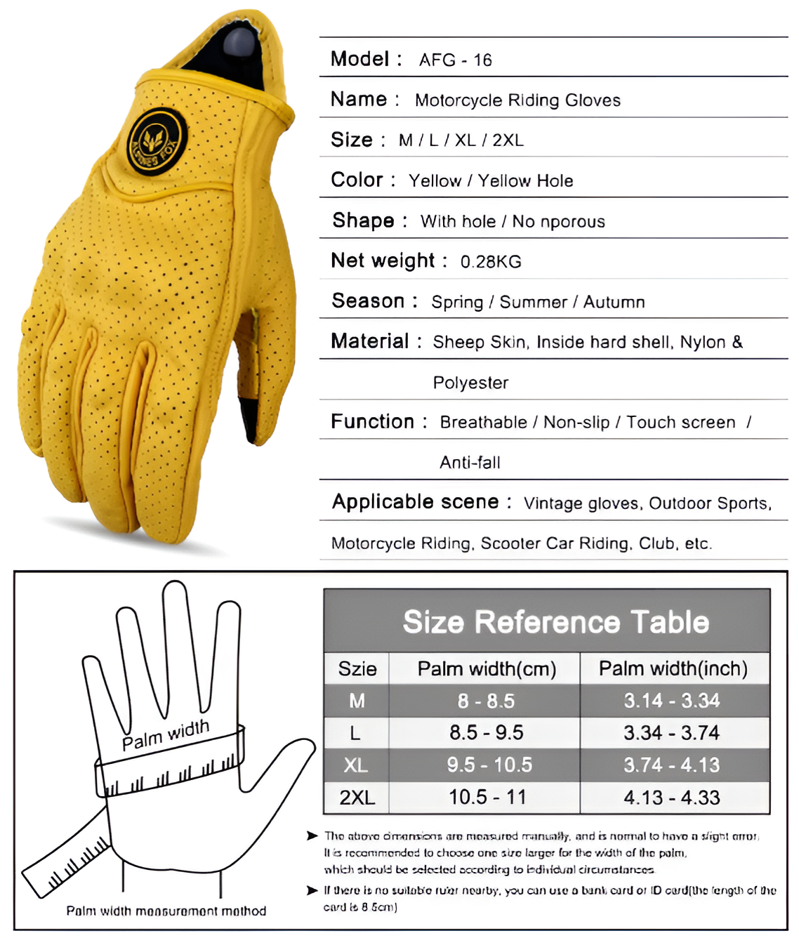 WoYoW® - Vintage Geitenleer Motorfiets Handschoenen - Zomer - Touchscreen - Knokkelbescherming - Geel - Maat - M - Image 2