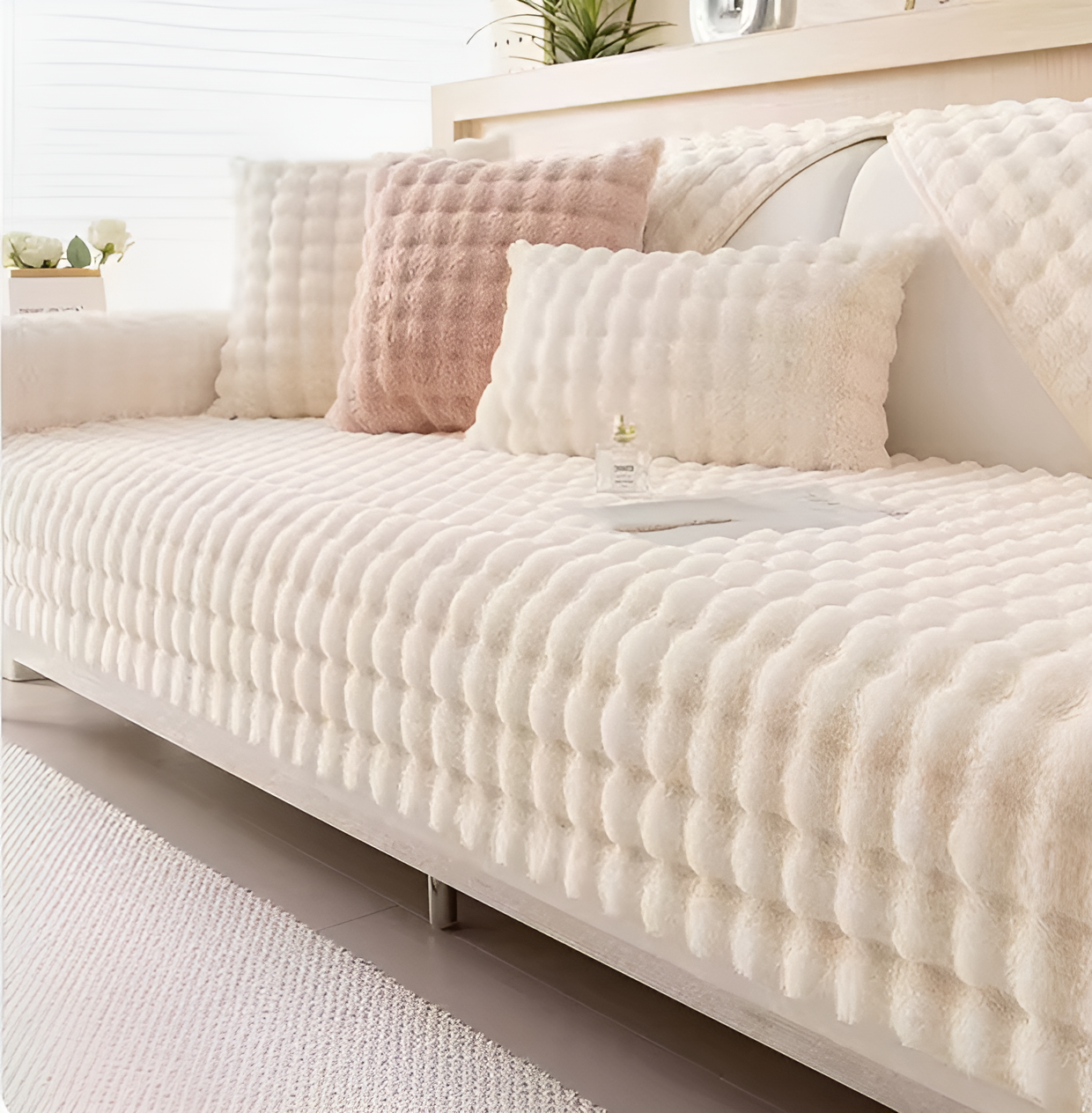 WoYoW® - Pluche Sofahoes Kunstbont Konijn - Pluche Sofa Sliphoes | Sofa Handdoek - Bank Kussen - Anti-Slip & Zacht - Machinewasbaar - Maat 90X240cm - Wit