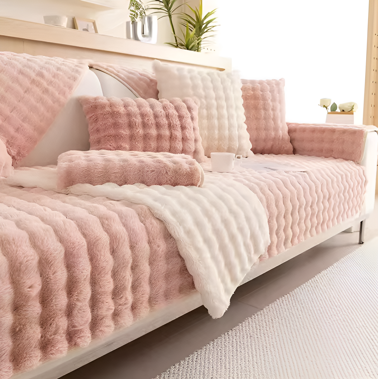 WoYoW® - Pluche Sofahoes Kunstbont Konijn - Pluche Sofa Sliphoes | Sofa Handdoek - Bank Kussen - Anti-Slip & Zacht - Machinewasbaar - Maat 90X210cm - Roze