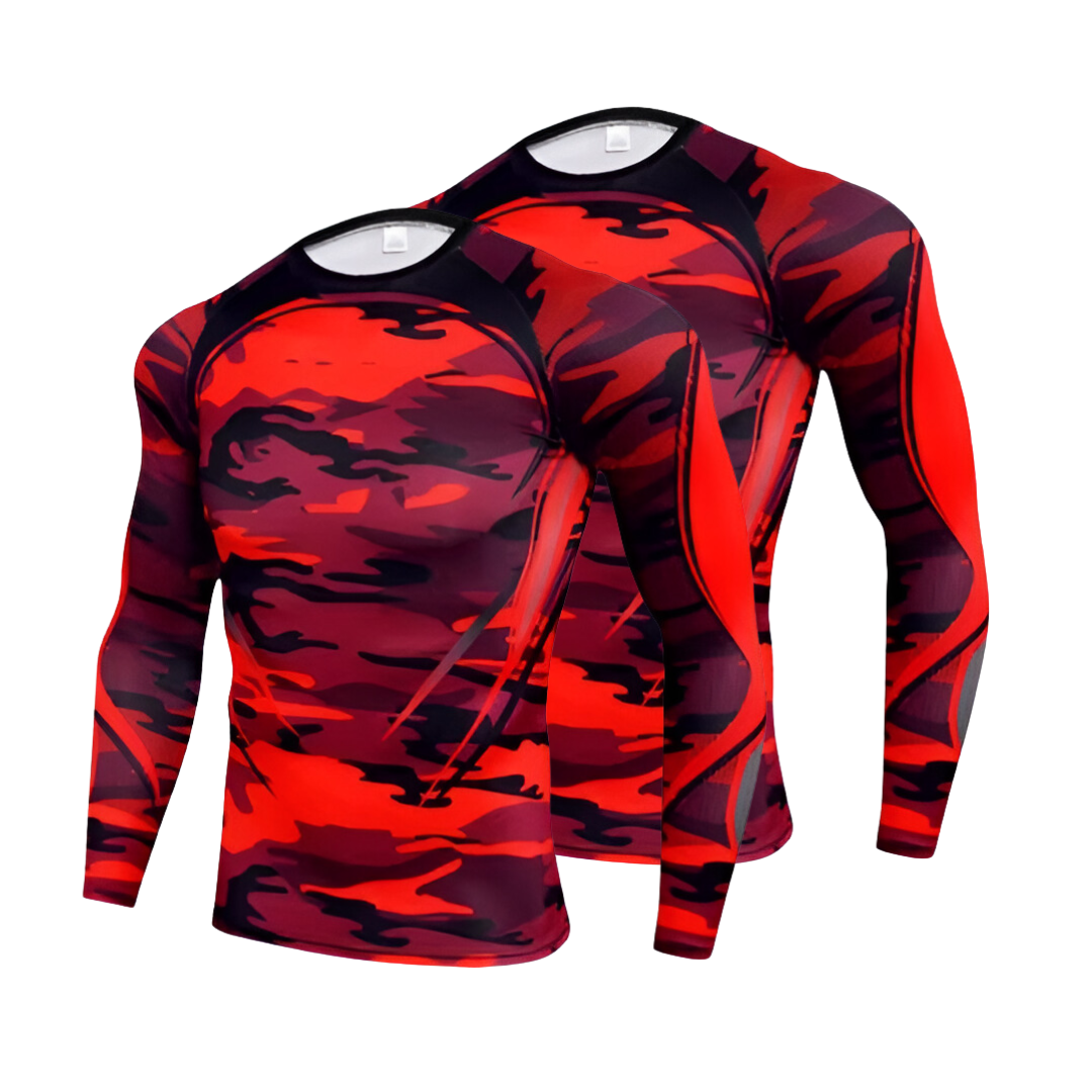 WoYoW® - 2x Mannen Compressie Sport T-Shirt - Winter Warm Kompres Thermisch Shirt - Warmte & Prestatie - Rood Camouflage - XXXL