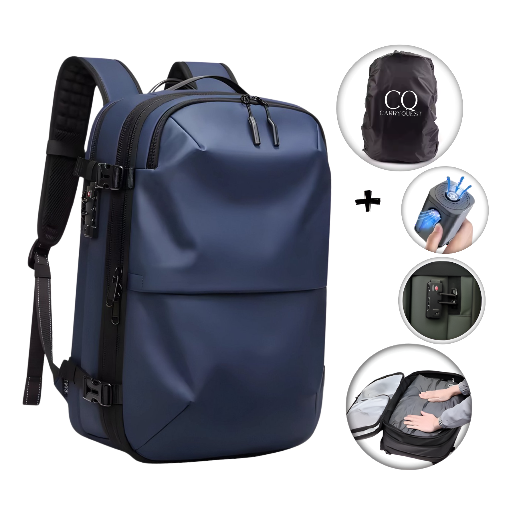 CarryQuest® - Vacuum Rugzak Pro1 - Inclusief Pomp en Powerbank sleutelhanger - Ultieme Uitbreidbare Airback - Vacuum Rugzak-60L- Blauw – Waterdicht backpack-24 inch Koffer Capaciteit-slot-17” Laptop vak-handbagage rugtas- reistassen
