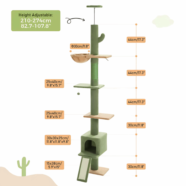 CarryQuest® - Kattenboom op Meerdere Niveaus - Verstelbare Hoogte 210-274 cm - Inclusief Appartement en Krabpaal - Stijlvol Ontwerp - XL - Groen