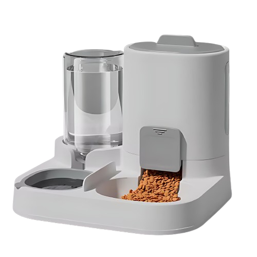 CarryQuest® 1600 ml voer en 800 ml water Dispenser – 2‑in‑1 Monoblock Kattenvoeder – PP/PET – Morsbestendig – Grijs